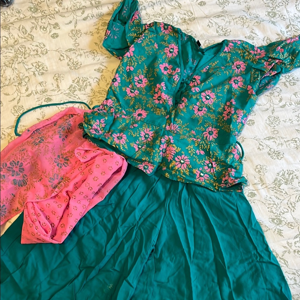 Floral Green and Pink Blouse with Skirt Set